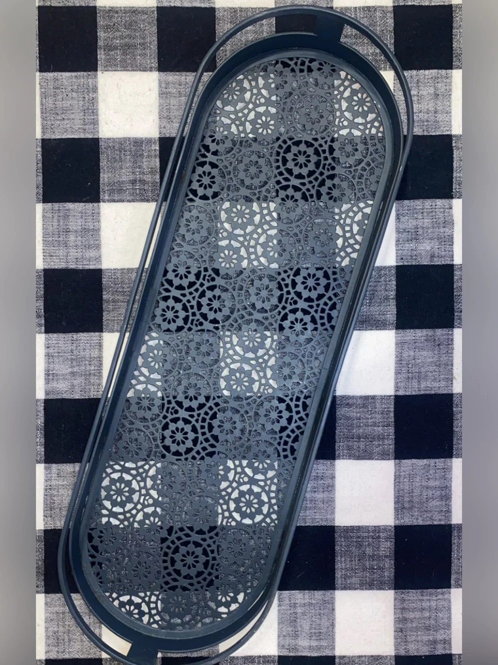 METAL OBLONG DECOR TRAY Floral Lace Design in Black 18”x 6”x 2-1/3”